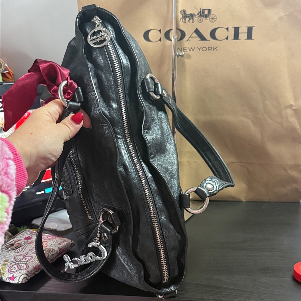 Coach Poppy Legacy Satchel Black Metallic Leather Bag - Picture 13 of 15
